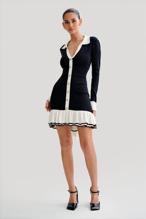 Women's Black Knit Dress – Contrast Collar, Gold Buttons, Ruffled Hem, Ribbed Fit-81069-d56c16c2-f639-4c58-a041-96ab3da39611