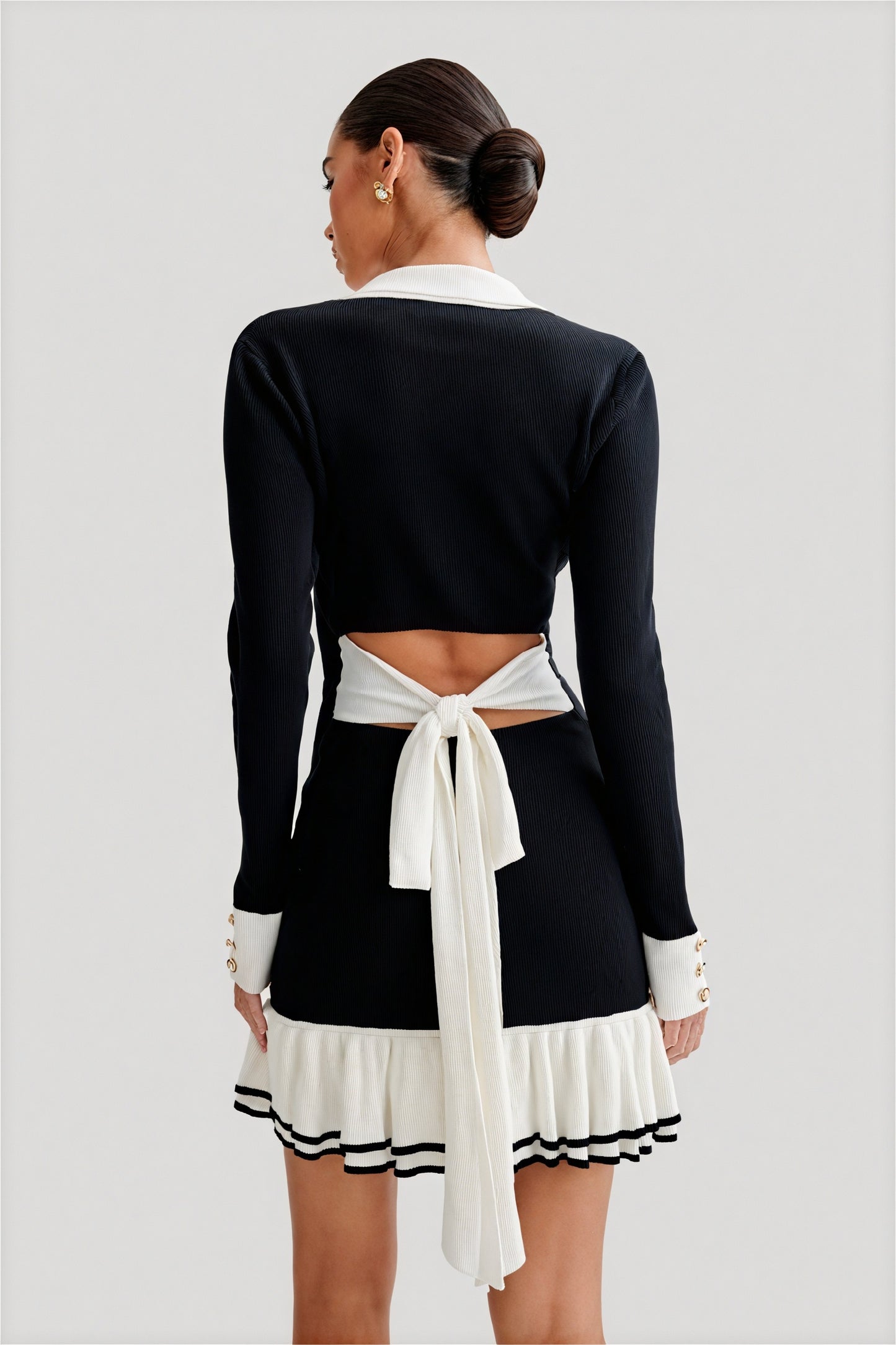 Women's Black Knit Dress – Contrast Collar, Gold Buttons, Ruffled Hem, Ribbed Fit-81069-e3a9ac24-9b2a-4a0f-b154-59b3c46b15bf
