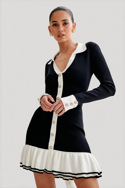 Women's Black Knit Dress – Contrast Collar, Gold Buttons, Ruffled Hem, Ribbed Fit-81069-3bf0226f-bc0f-4607-9267-cc42c5a14989