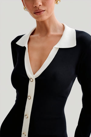 Women's Black Knit Dress – Contrast Collar, Gold Buttons, Ruffled Hem, Ribbed Fit-81069-8f9f733e-173b-4d8e-abe9-a08764051a18