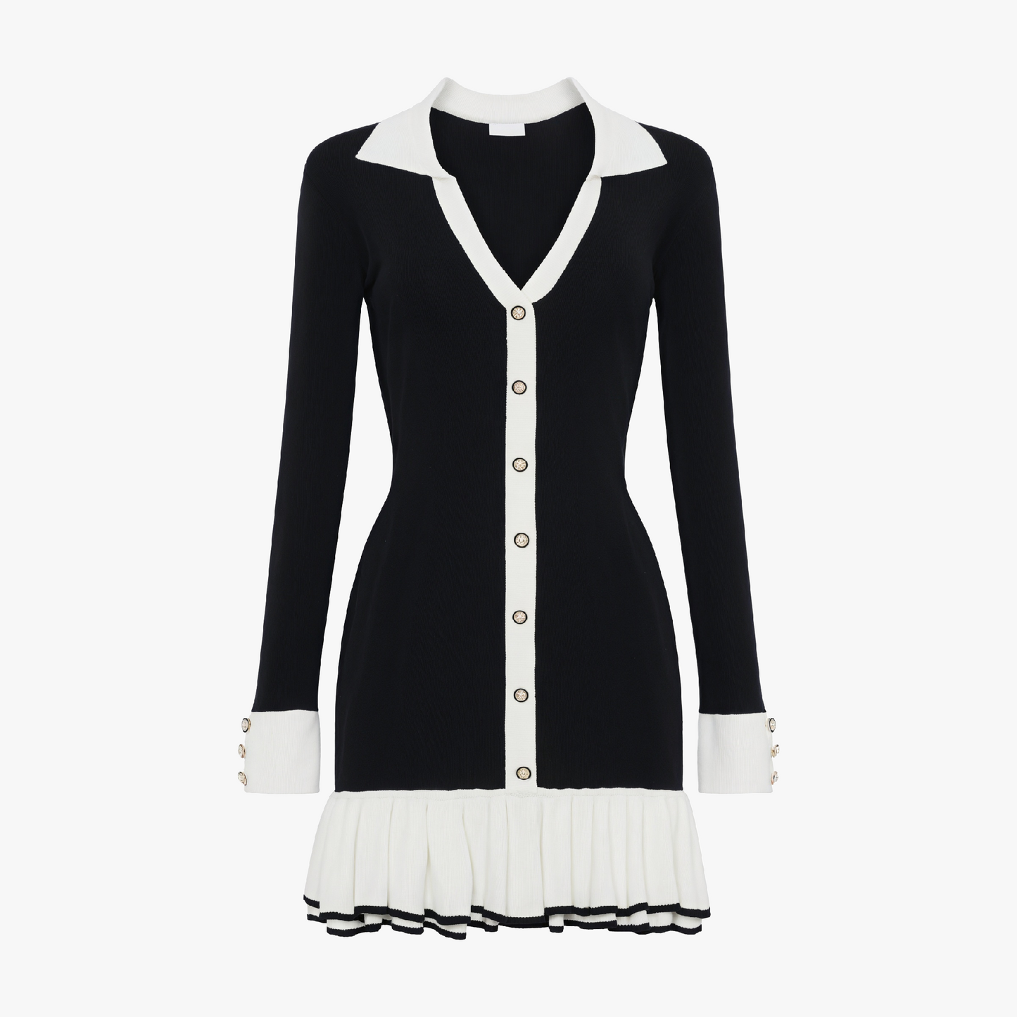 Women's Black Knit Dress – Contrast Collar, Gold Buttons, Ruffled Hem, Ribbed Fit-81069-0a51e0b5-ed41-43a0-9976-c6f2c0a51976