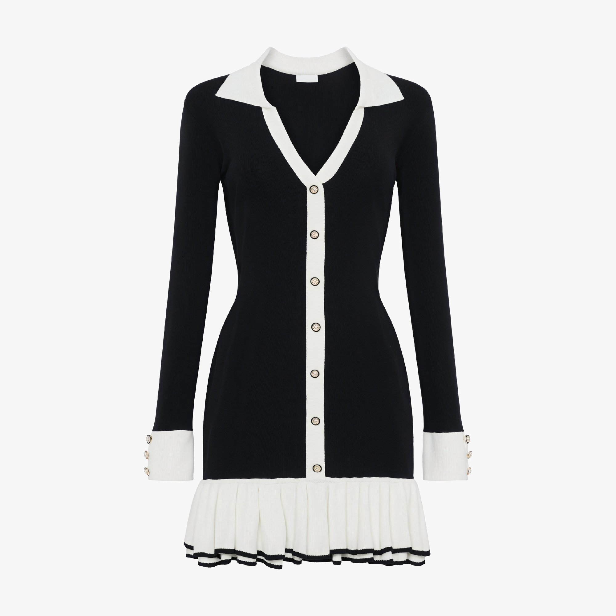 Women's Black Knit Dress – Contrast Collar, Gold Buttons, Ruffled Hem, Ribbed Fit-81069-0a51e0b5-ed41-43a0-9976-c6f2c0a51976