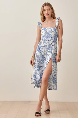 Women's Midi Dress – Blue White Floral Print, Square Neck, Ruffle Strap, High Slit, Silk Blend-81070-85008e02-a329-4919-a8e3-3642fb7b87fd