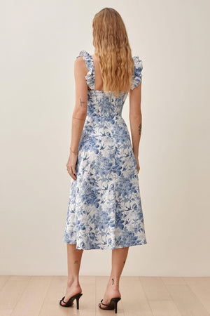 Women's Midi Dress – Blue White Floral Print, Square Neck, Ruffle Strap, High Slit, Silk Blend-81070-de82b58e-5711-4311-bac3-3367cdc80e47