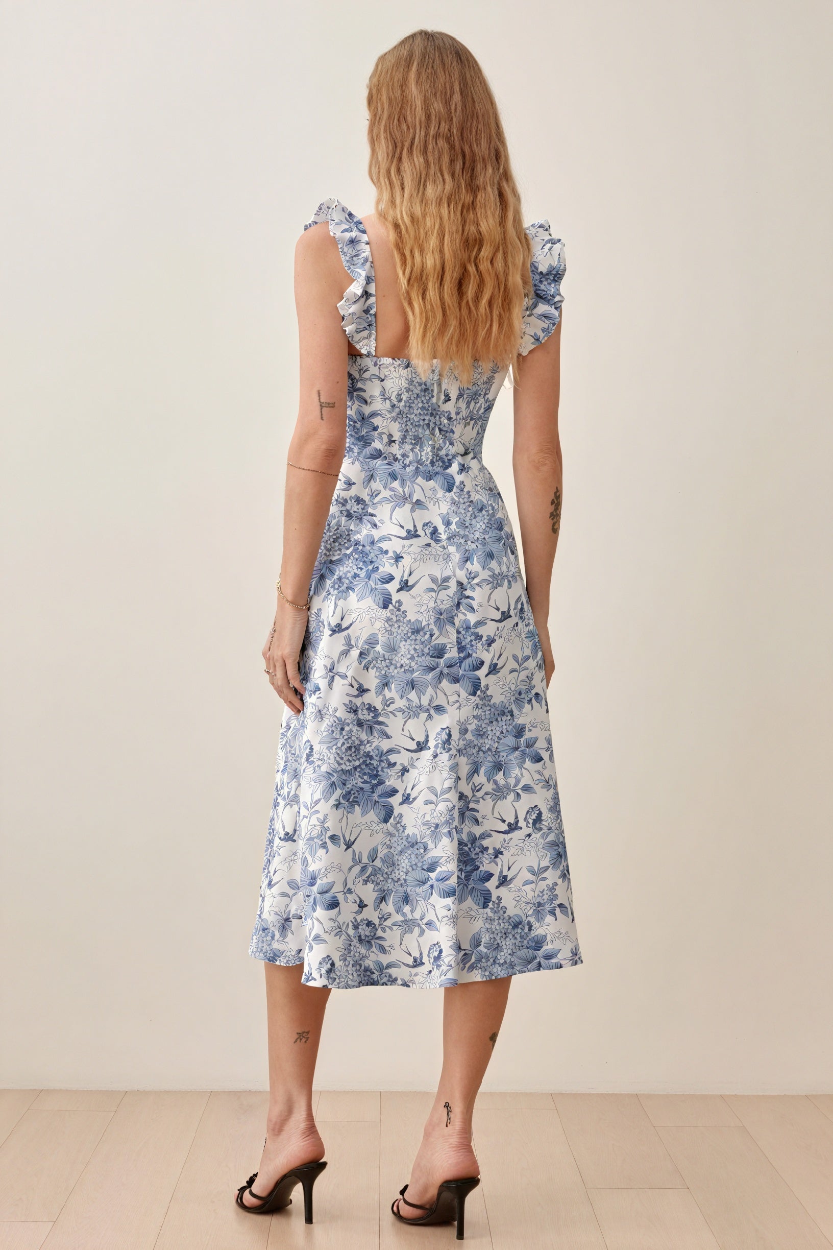 Women's Midi Dress – Blue White Floral Print, Square Neck, Ruffle Strap, High Slit, Silk Blend-81070-de82b58e-5711-4311-bac3-3367cdc80e47