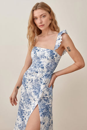 Women's Midi Dress – Blue White Floral Print, Square Neck, Ruffle Strap, High Slit, Silk Blend-81070-bab5288d-e02b-40dc-885c-d6391d13e575