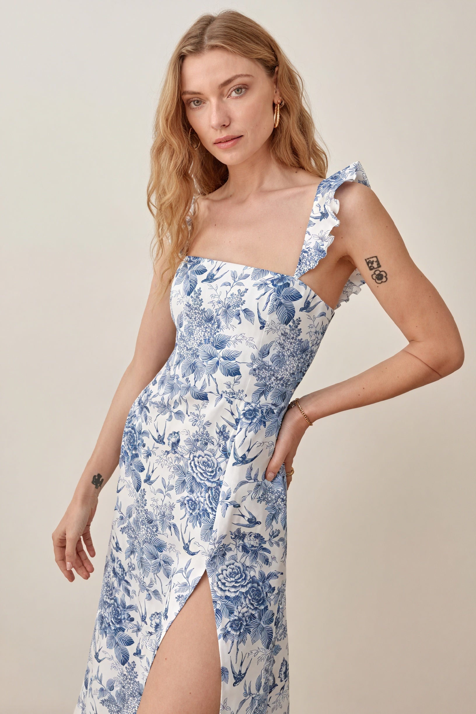 Women's Midi Dress – Blue White Floral Print, Square Neck, Ruffle Strap, High Slit, Silk Blend-81070-bab5288d-e02b-40dc-885c-d6391d13e575