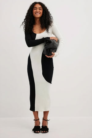 Women's Midi Dress – Asymmetrical Color-Block Ribbed Knit Black White, Modern Chic-81072-dd94d396-511f-4f30-b4cd-de985e2f8419