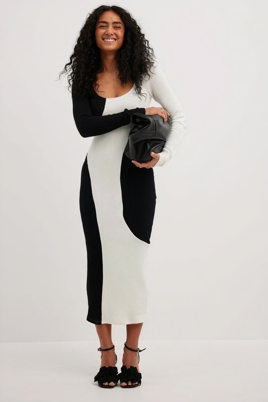 Women's Midi Dress – Asymmetrical Color-Block Ribbed Knit Black White, Modern Chic-81072-dd94d396-511f-4f30-b4cd-de985e2f8419