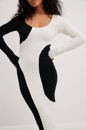 Women's Midi Dress – Asymmetrical Color-Block Ribbed Knit Black White, Modern Chic-81072-17fcadb7-8864-4f61-87a6-b75addf3c3cf