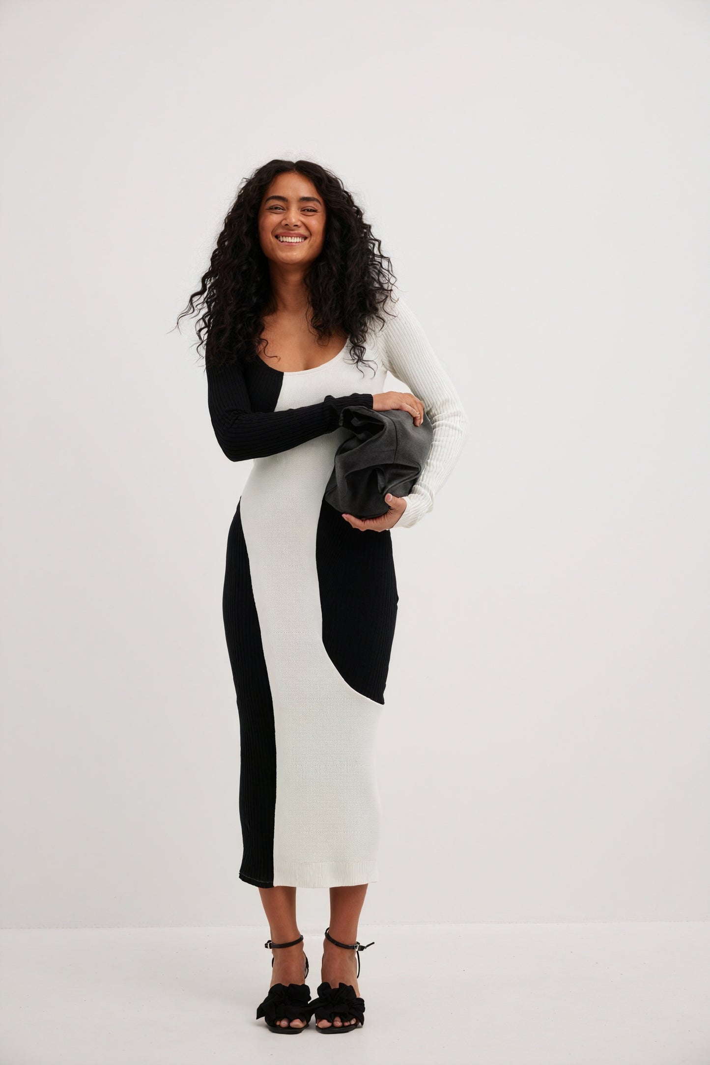 Women's Midi Dress – Asymmetrical Color-Block Ribbed Knit Black White, Modern Chic-81072-bf4fc049-16b5-4847-86c0-3b054cdb5301