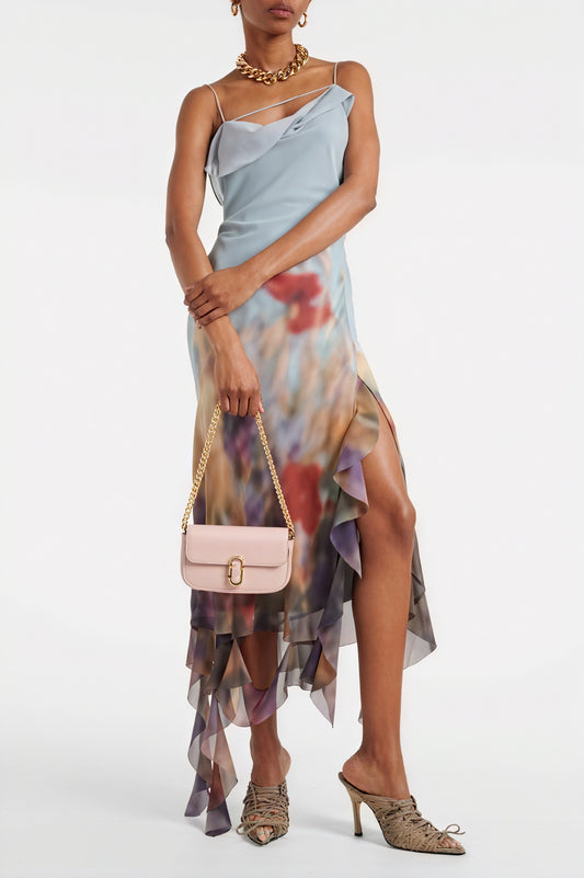 Women's Blue Draped Midi Dress – Asymmetrical Neckline, Watercolor Floral Print, Silk Satin-81074-7dc895c5-1a3e-4c65-b00d-bd6df690c3ca
