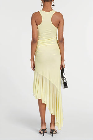 Women's Pale Yellow Knit Dress - Asymmetrical Hem, Ruched, Fabric Rose, High Neck-81076-18c7e85b-477c-491f-b9c9-5e65e6402790