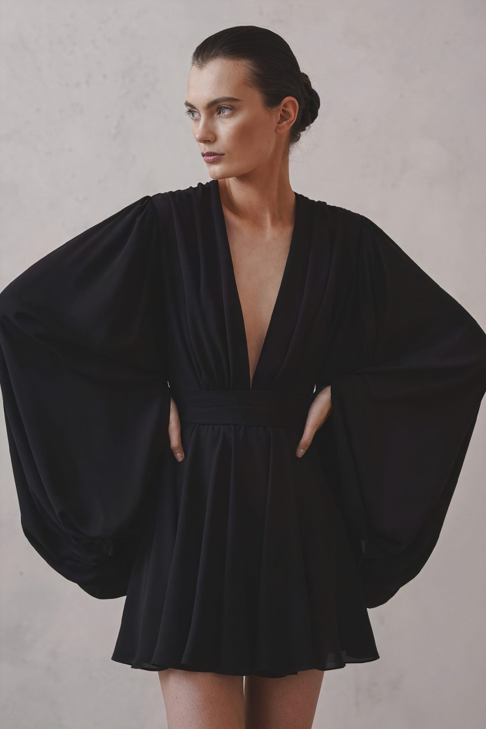 Women's Mini Dress – Plunging V-neck, Balloon Sleeves, Ruched Waist, Silk Blend, White/Black-81078-2ff806de-e758-459a-80b6-a5911ac11686
