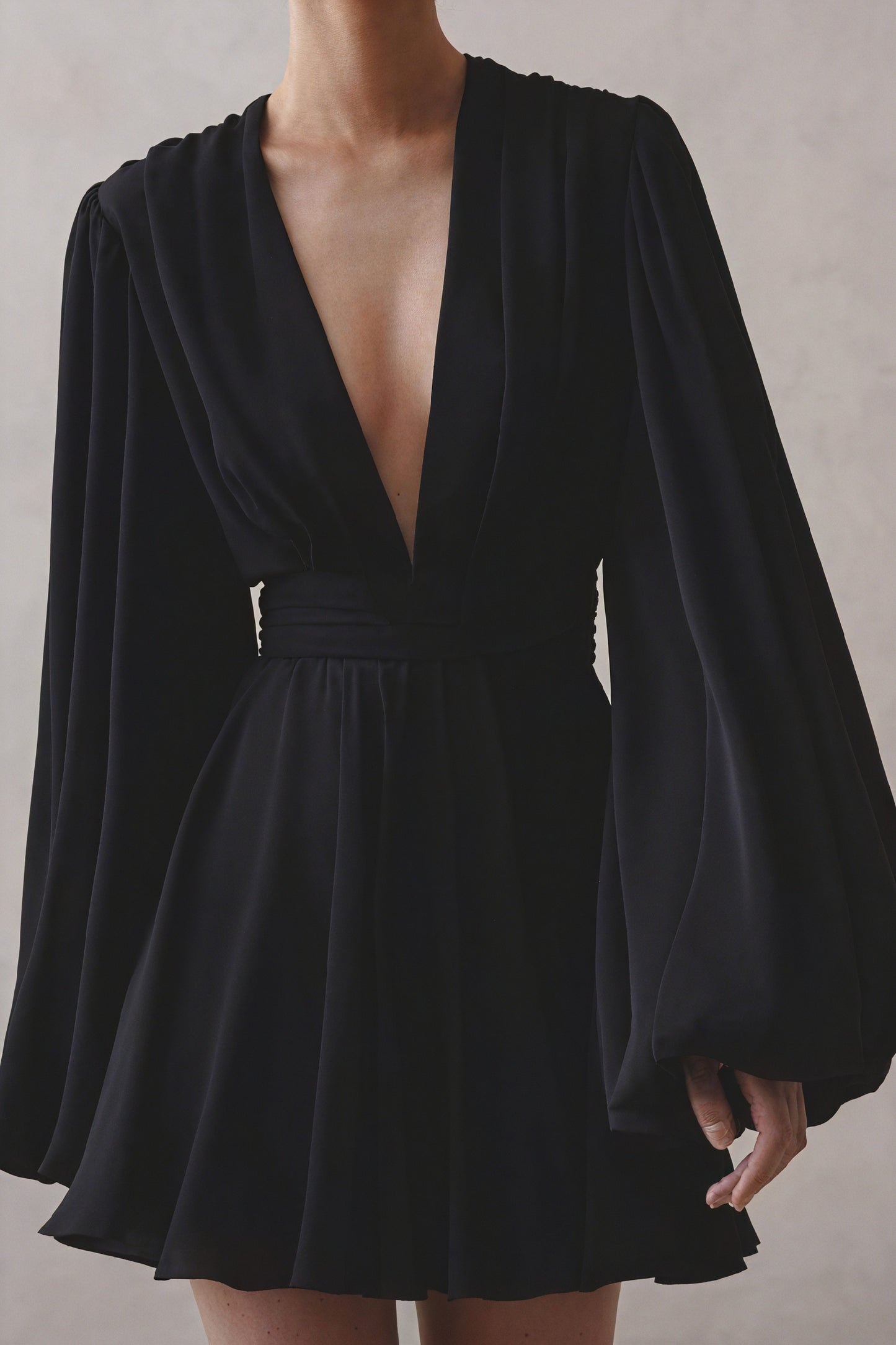 Women's Mini Dress – Plunging V-neck, Balloon Sleeves, Ruched Waist, Silk Blend, White/Black-81078-8b4f3dd0-b8c1-4c2f-b3c5-c5a6d252d74a