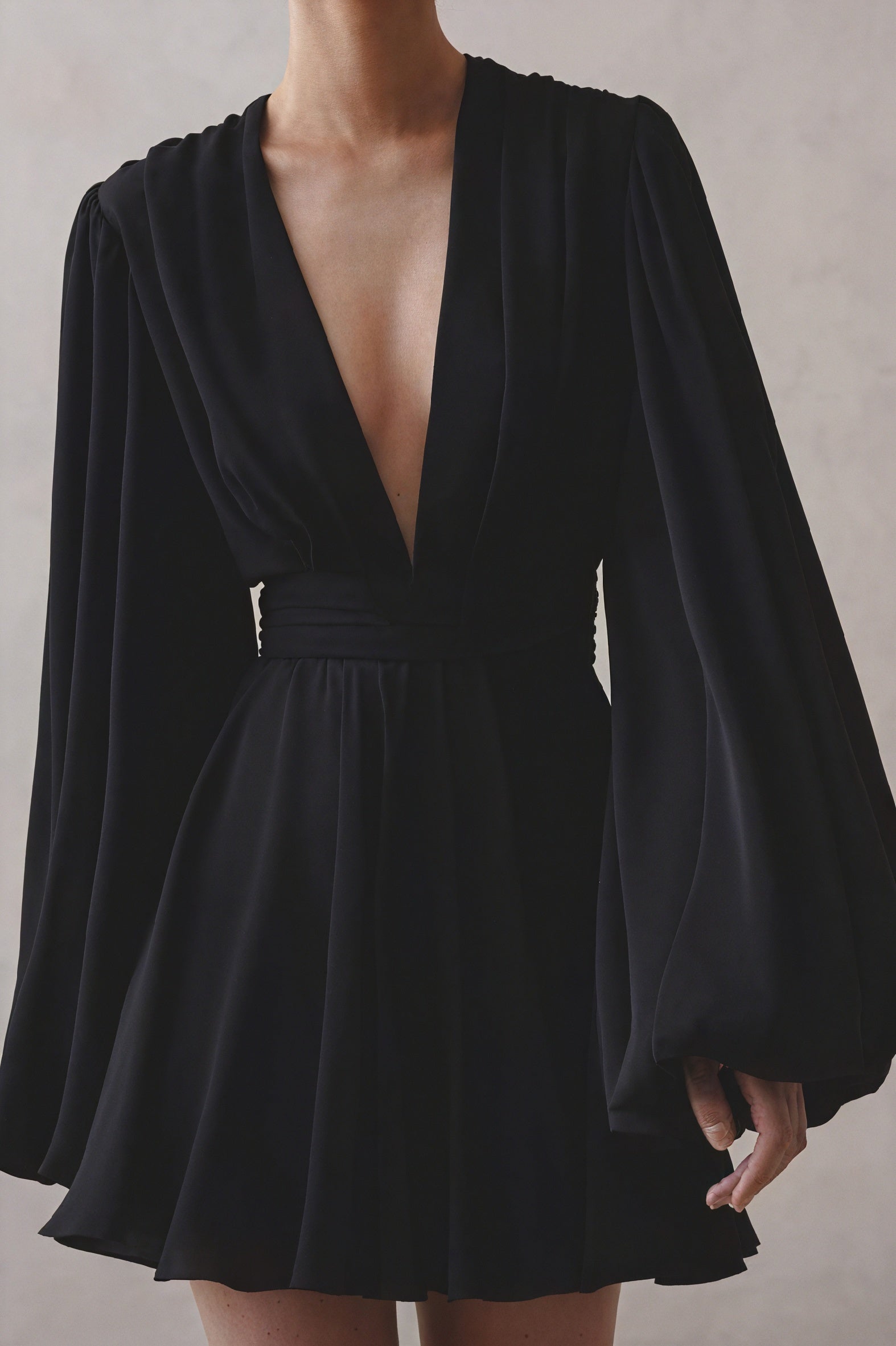 Women's Mini Dress – Plunging V-neck, Balloon Sleeves, Ruched Waist, Silk Blend, White/Black-81078-8b4f3dd0-b8c1-4c2f-b3c5-c5a6d252d74a