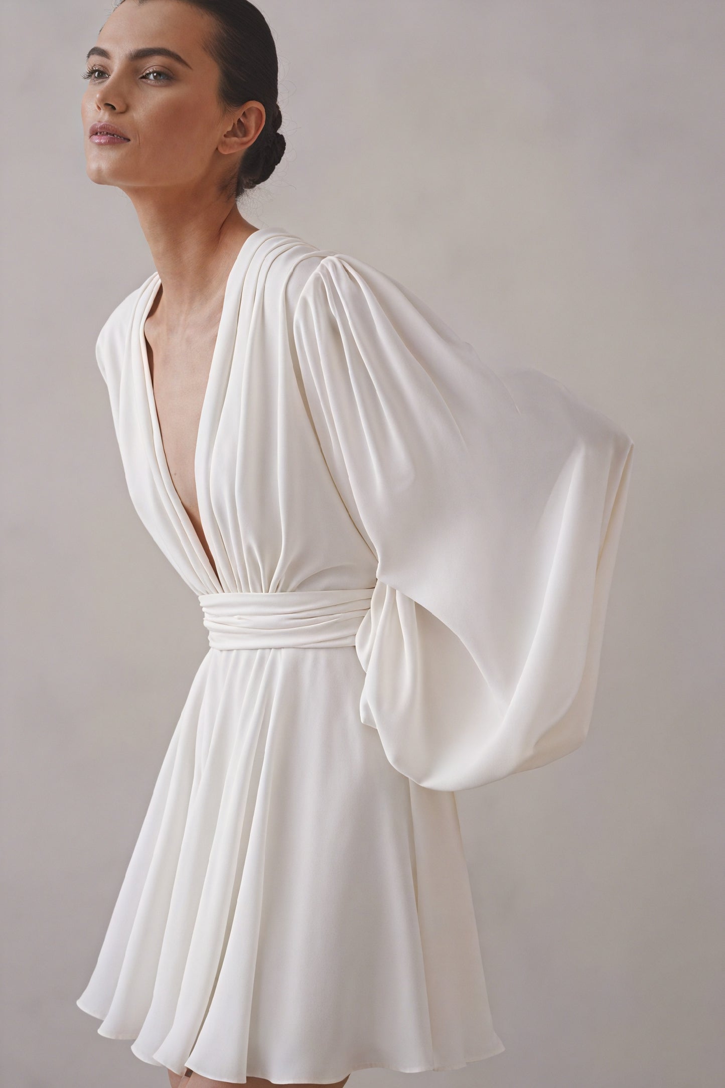 Women's Mini Dress – Plunging V-neck, Balloon Sleeves, Ruched Waist, Silk Blend, White/Black-81078-ae0a221c-fbe2-4907-9aaf-6649542a0700