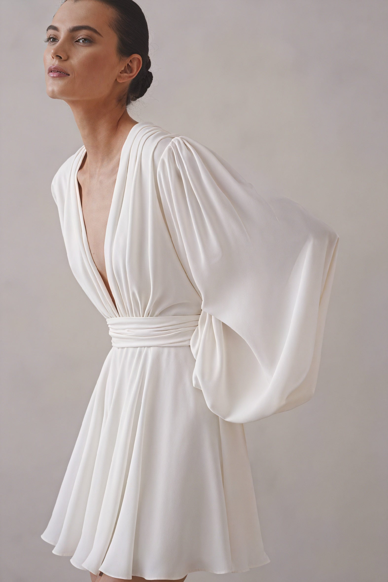 Women's Mini Dress – Plunging V-neck, Balloon Sleeves, Ruched Waist, Silk Blend, White/Black-81078-ae0a221c-fbe2-4907-9aaf-6649542a0700