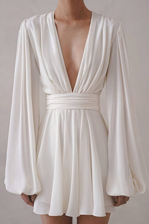 Women's Mini Dress – Plunging V-neck, Balloon Sleeves, Ruched Waist, Silk Blend, White/Black-81078-b6cff372-6a6d-4ad4-bb97-0f2548fe3e8d