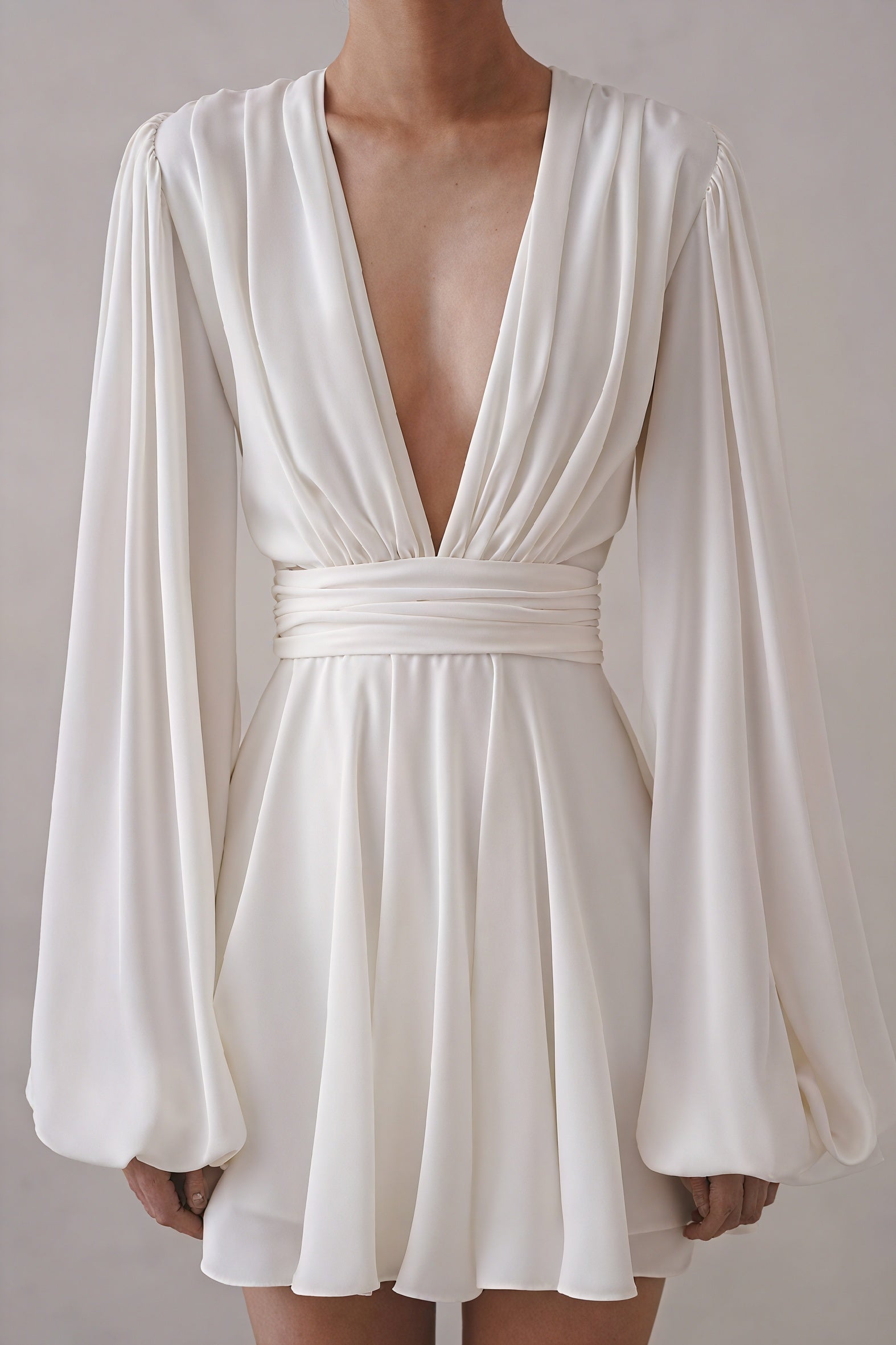 Women's Mini Dress – Plunging V-neck, Balloon Sleeves, Ruched Waist, Silk Blend, White/Black-81078-b6cff372-6a6d-4ad4-bb97-0f2548fe3e8d