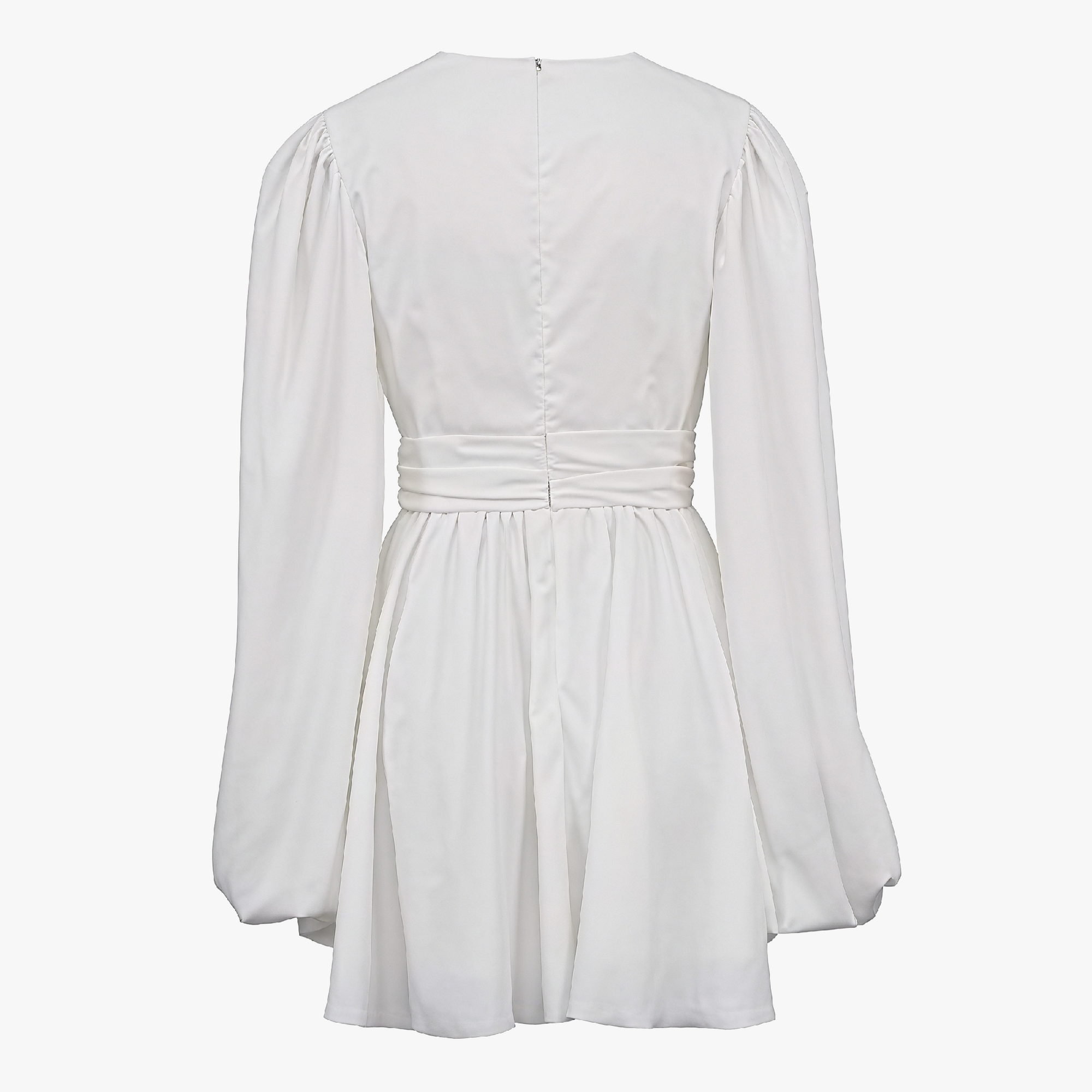 Women's Mini Dress – Plunging V-neck, Balloon Sleeves, Ruched Waist, Silk Blend, White/Black-81078-6c6c5e75-2481-4081-a041-62df932bdea6