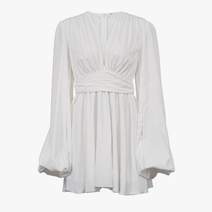 Women's Mini Dress – Plunging V-neck, Balloon Sleeves, Ruched Waist, Silk Blend, White/Black-81078-9bd7f140-9965-4a60-80a2-766806bbfc8e