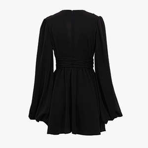 Women's Mini Dress – Plunging V-neck, Balloon Sleeves, Ruched Waist, Silk Blend, White/Black-81078-ed97fd45-dd8a-4745-b8ba-93072b359dff