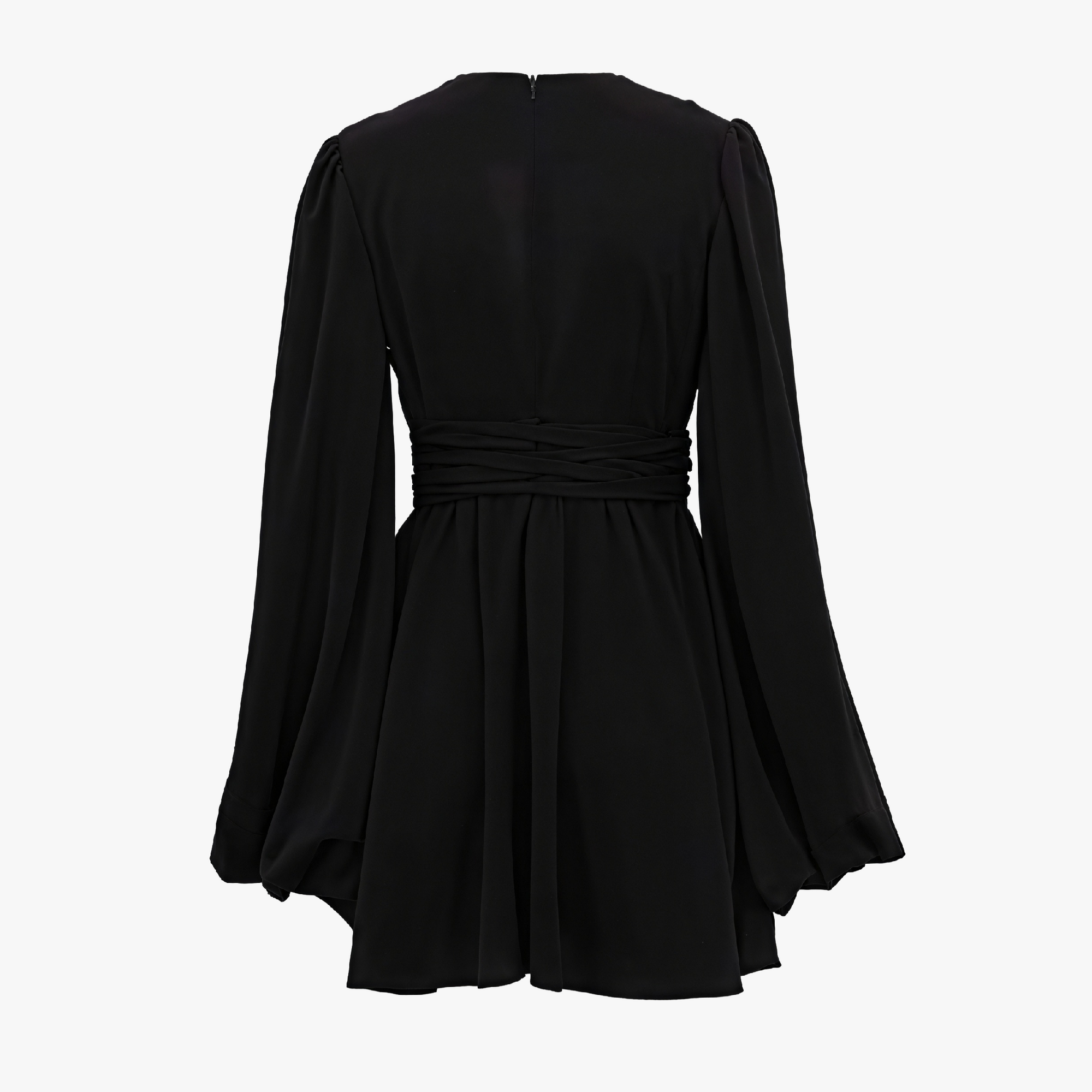 Women's Mini Dress – Plunging V-neck, Balloon Sleeves, Ruched Waist, Silk Blend, White/Black-81078-ed97fd45-dd8a-4745-b8ba-93072b359dff