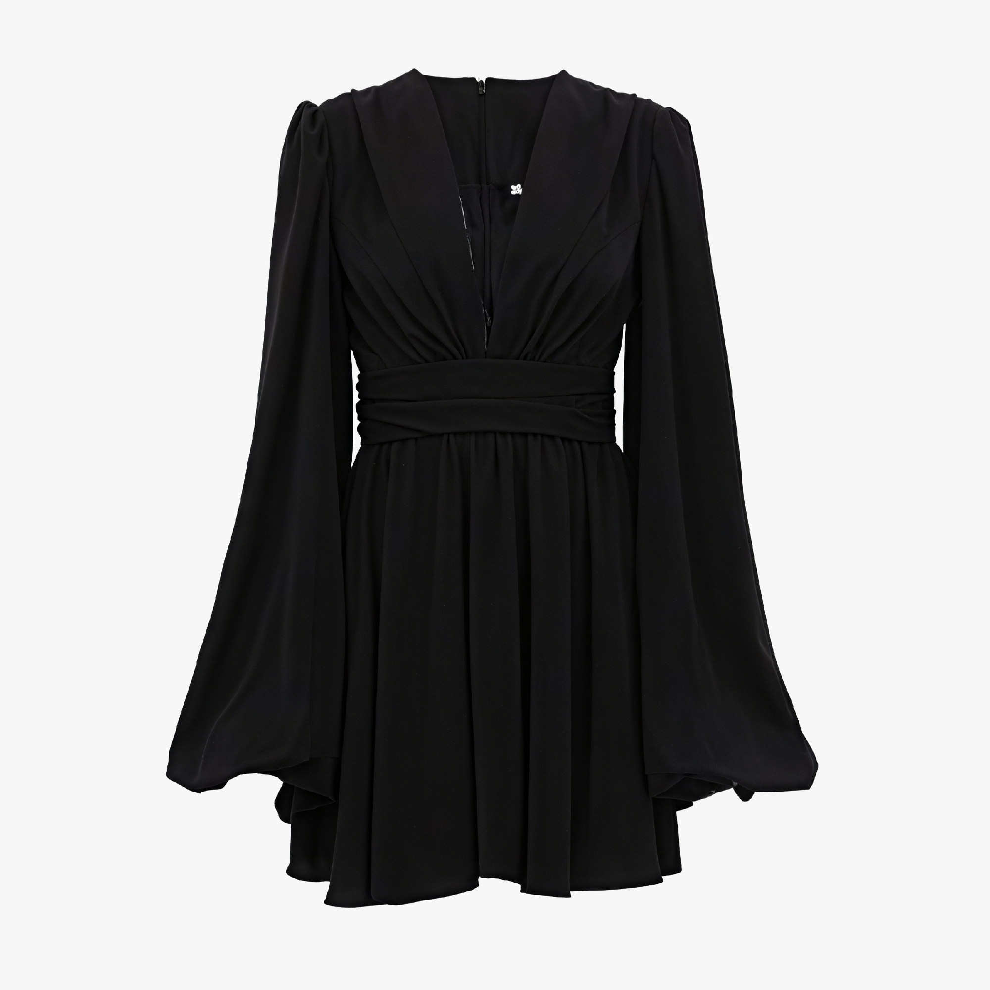 Women's Mini Dress – Plunging V-neck, Balloon Sleeves, Ruched Waist, Silk Blend, White/Black-81078-7cee741b-c11d-4811-a640-2b1e77274331