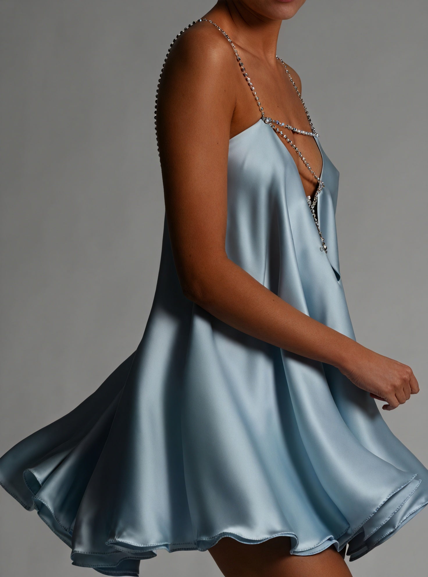Women's Mini Dress – Satin, Embellished Chain Straps, V-Neck, A-Line, Elegant-81081-96dc9e02-a2fd-4f3d-b303-28466f99d464