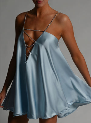 Women's Mini Dress – Satin, Embellished Chain Straps, V-Neck, A-Line, Elegant-81081-753207f9-42e9-43b6-8144-2320f825b591
