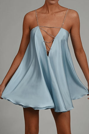 Women's Mini Dress – Satin, Embellished Chain Straps, V-Neck, A-Line, Elegant-81081-5657146d-254f-4c65-ad76-f59d4c9ac634