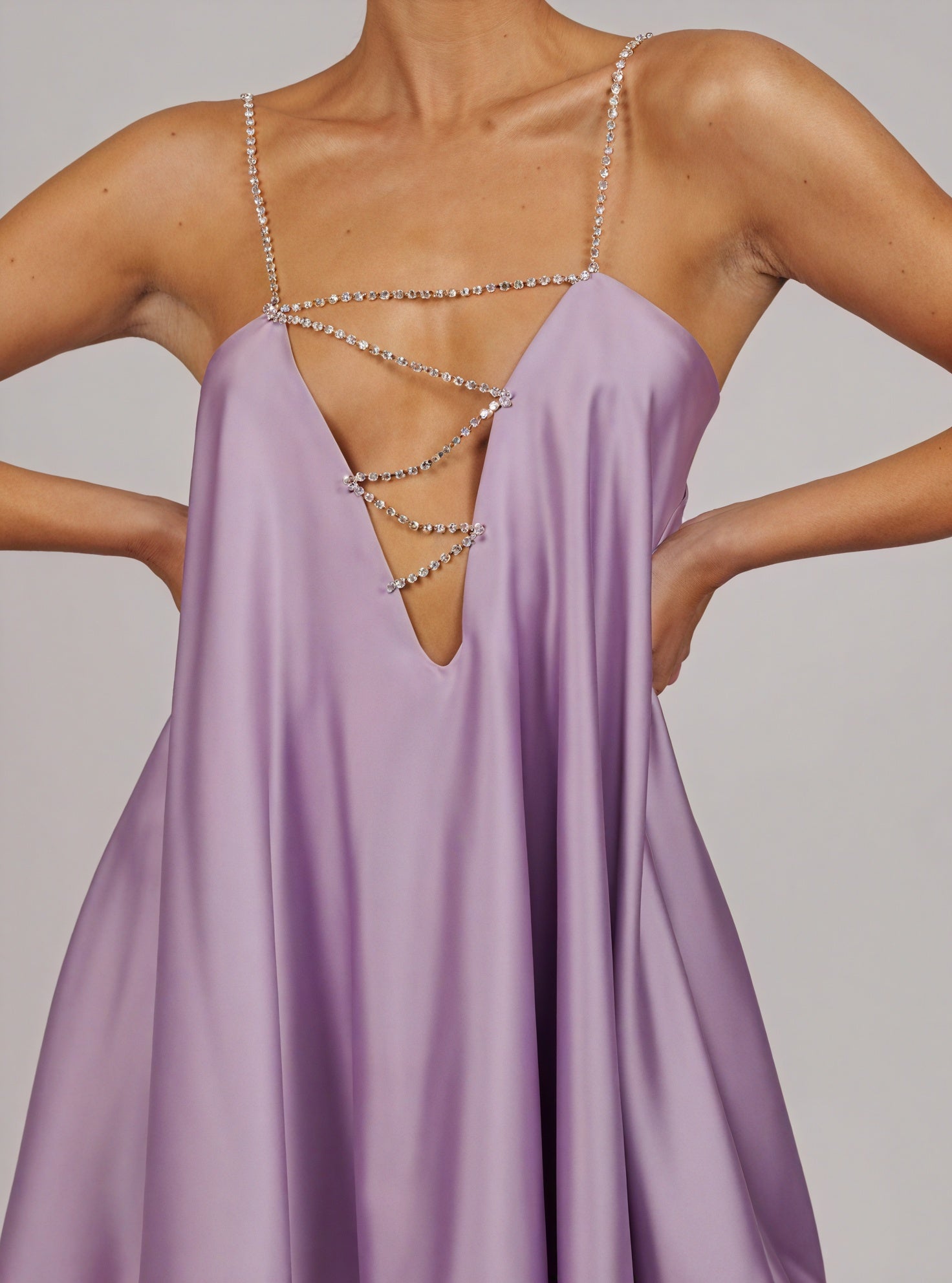 Women's Mini Dress – Satin, Embellished Chain Straps, V-Neck, A-Line, Elegant-81081-72a3c65e-2a6c-4035-b171-4653722d101d