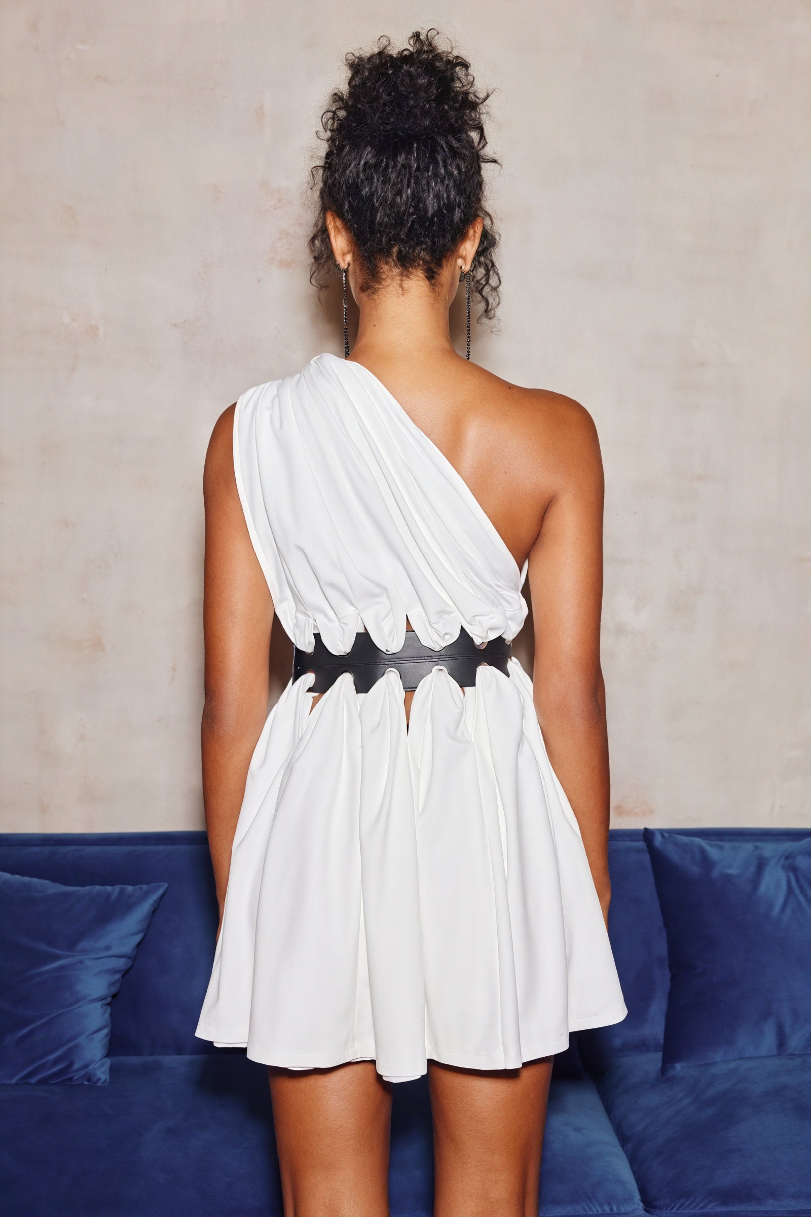 Women's White Asymmetrical Dress – Pleated Bodice, Leather Belt, Flared Skirt-81083-055de6a7-1b52-432d-afb2-8fc97a4d1381