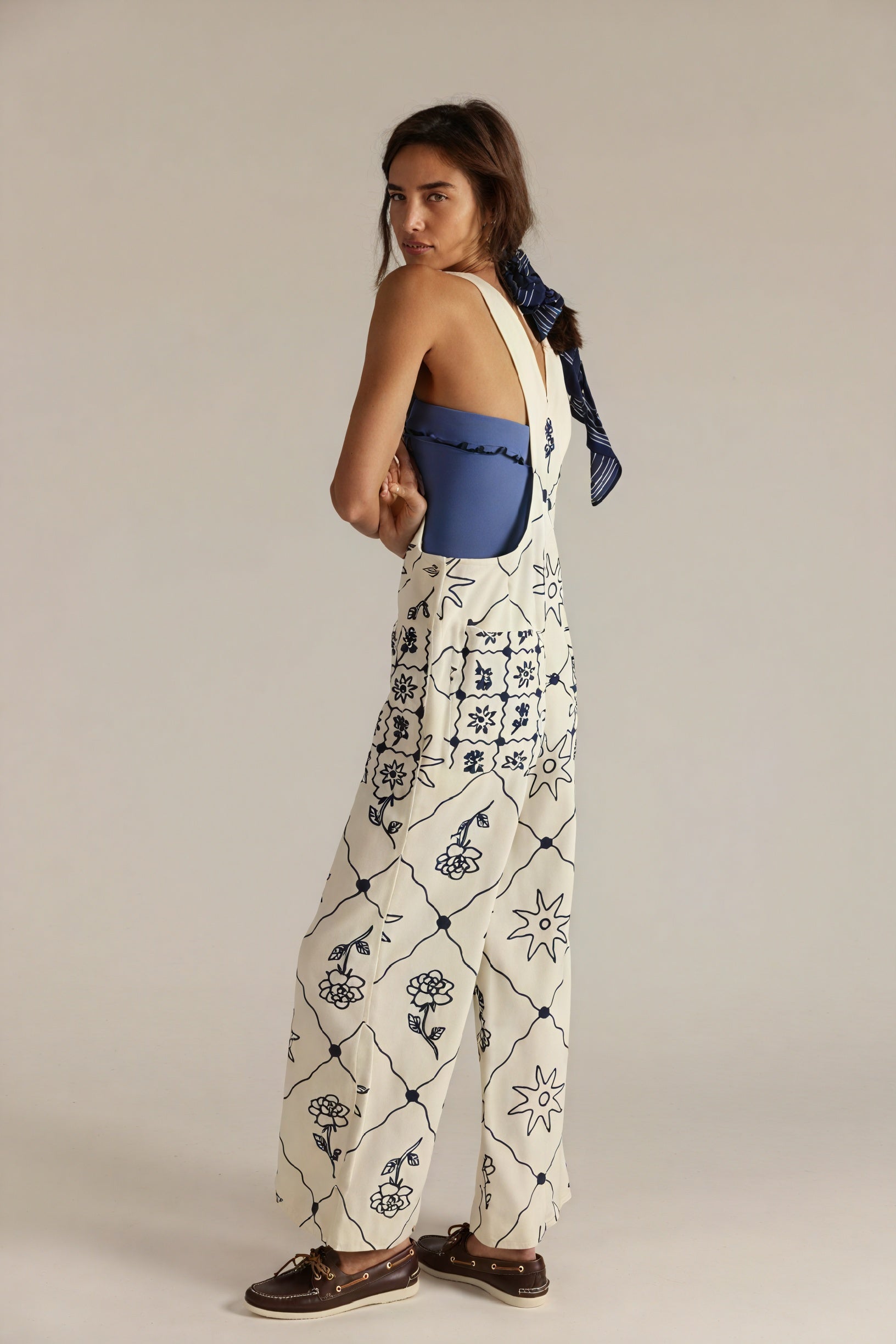Women's Cream Cotton Overalls – Wide-Leg, Intricate Patterned Bib-81085-0fbe6343-ce72-4409-8080-44c6931b78c1