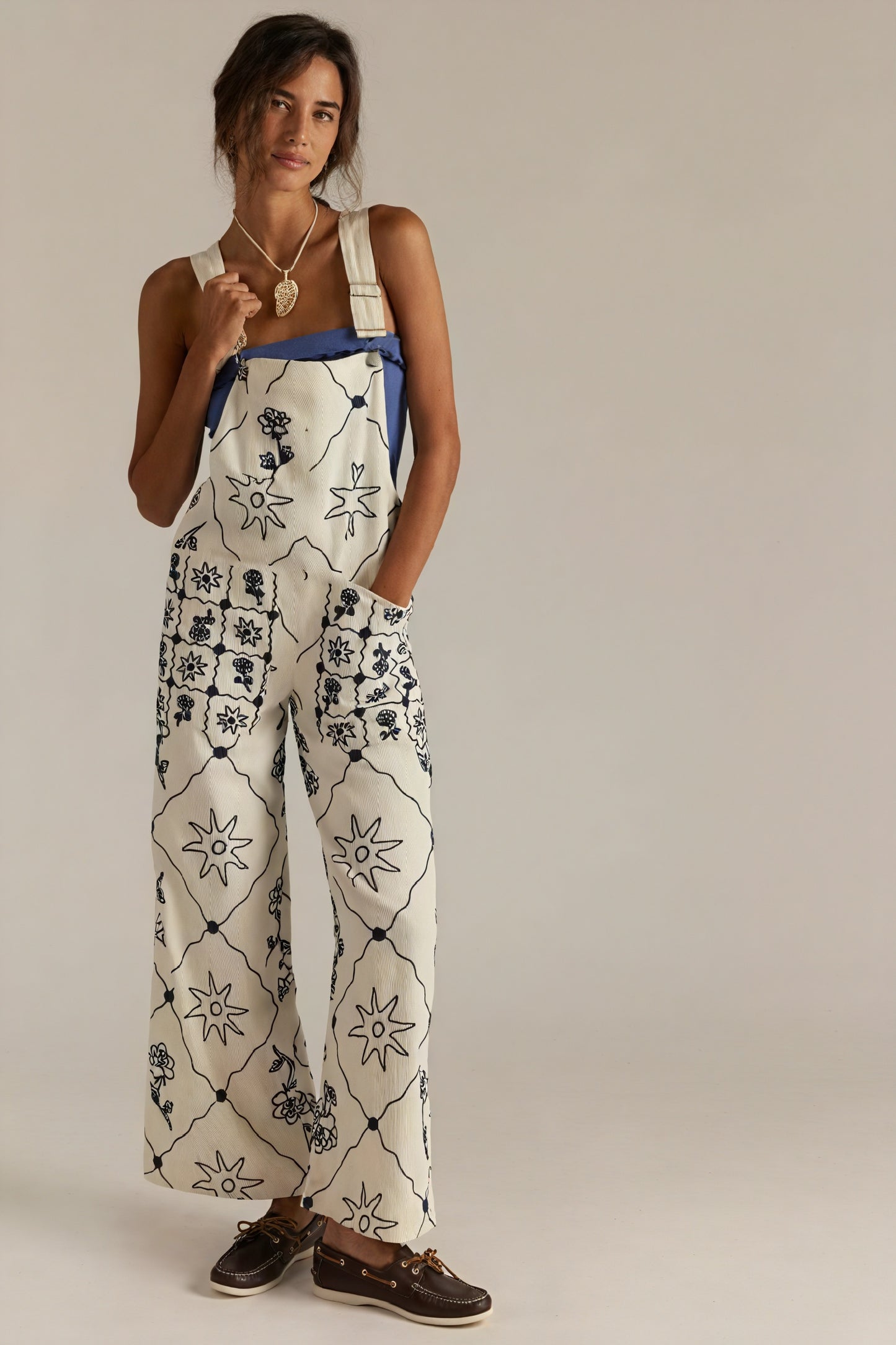 Women's Cream Cotton Overalls – Wide-Leg, Intricate Patterned Bib-81085-ca8d5a26-86d1-438f-b3aa-24c5a654e66c