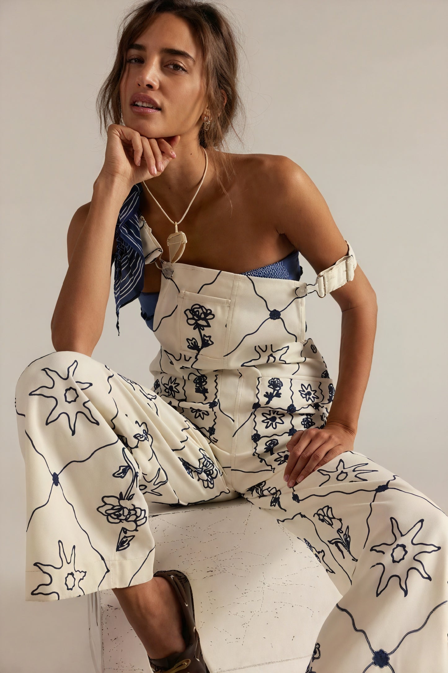 Women's Cream Cotton Overalls – Wide-Leg, Intricate Patterned Bib-81085-e0845454-0f44-4c8b-8fd6-58e1769e9c2e