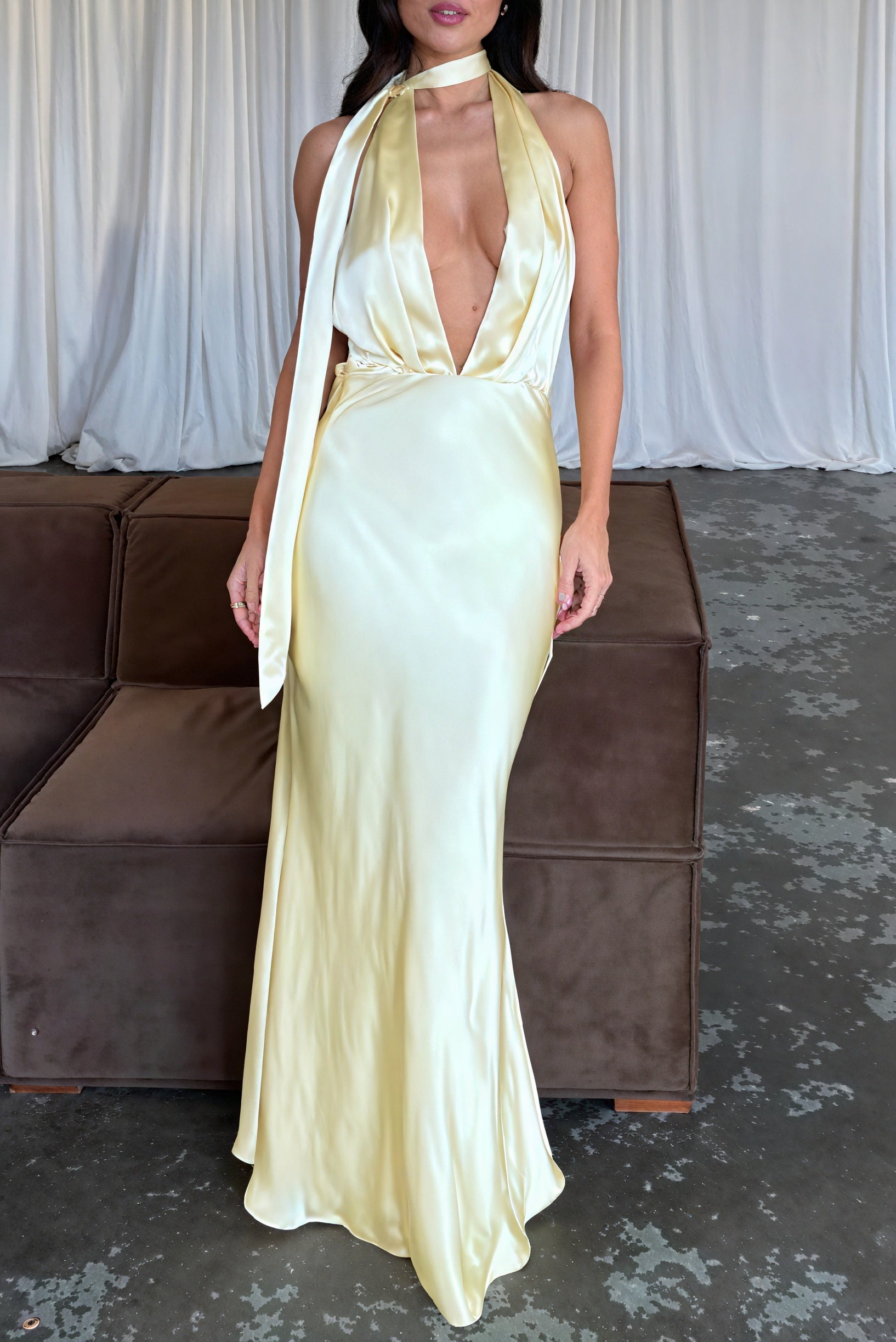 Women's Pale Yellow Satin Halter Dress – Deep V-Neck, Floor-Length, Bias-Cut Elegant-81089-1521f6f5-73d7-4668-8b11-3aec46951df3