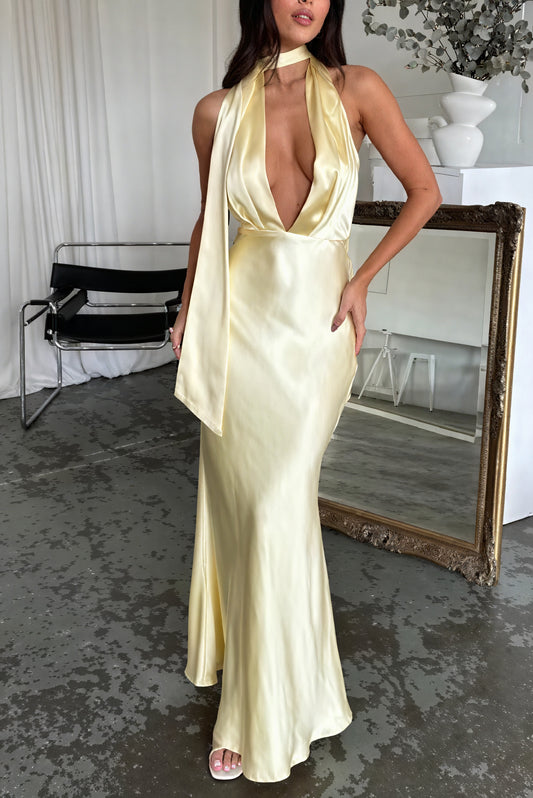 Women's Pale Yellow Satin Halter Dress – Deep V-Neck, Floor-Length, Bias-Cut Elegant-81089-0c6c10eb-7b8a-48d1-afaa-c53e86a8c737
