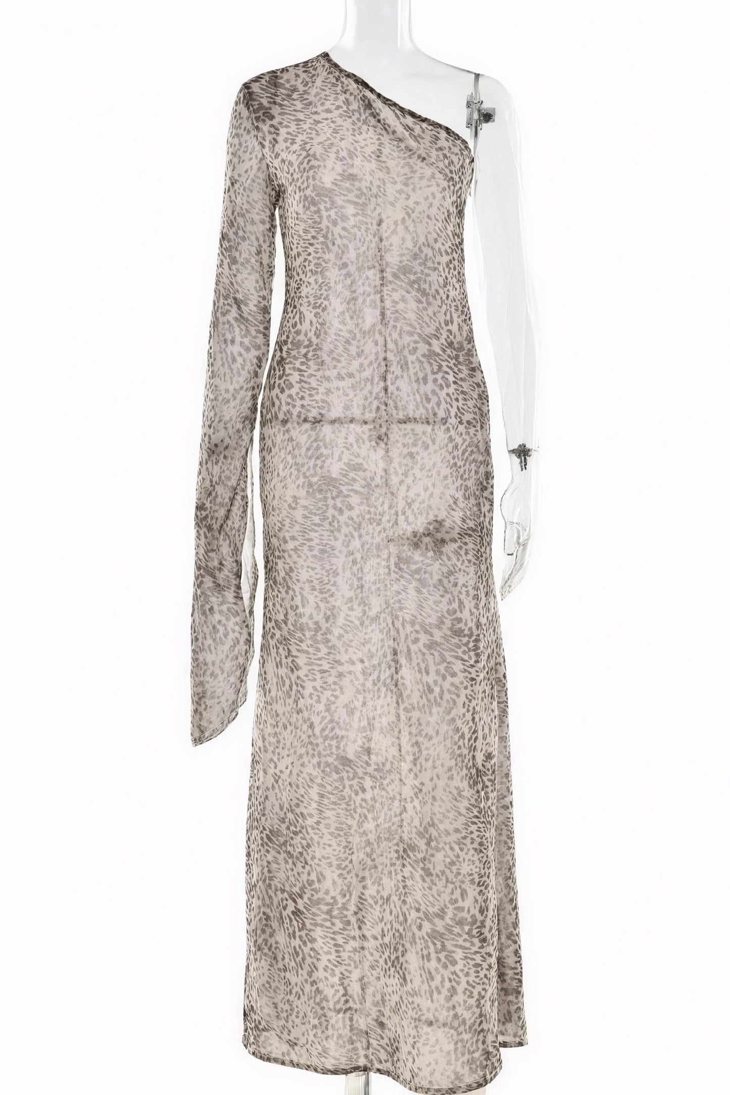 Women's One-Shoulder Maxi Dress – Brown Animal Print Sheer Polyester, Bohemian-81093-9078490b-8cf2-4131-9bfc-a62c4023d336