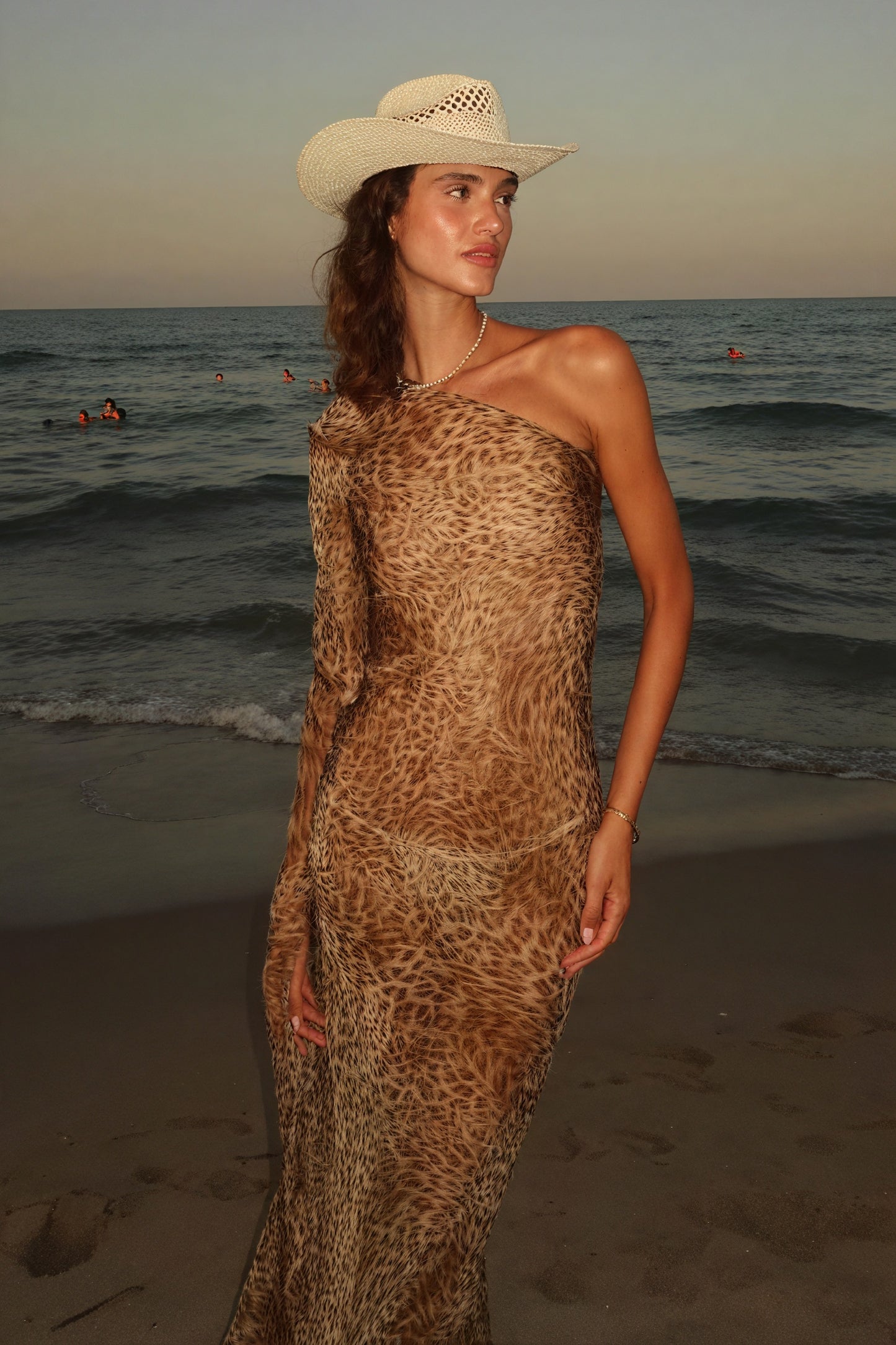 Women's One-Shoulder Maxi Dress – Brown Animal Print Sheer Polyester, Bohemian-81093-b006d565-4b2f-4e9a-a485-d1fa72e3d31e