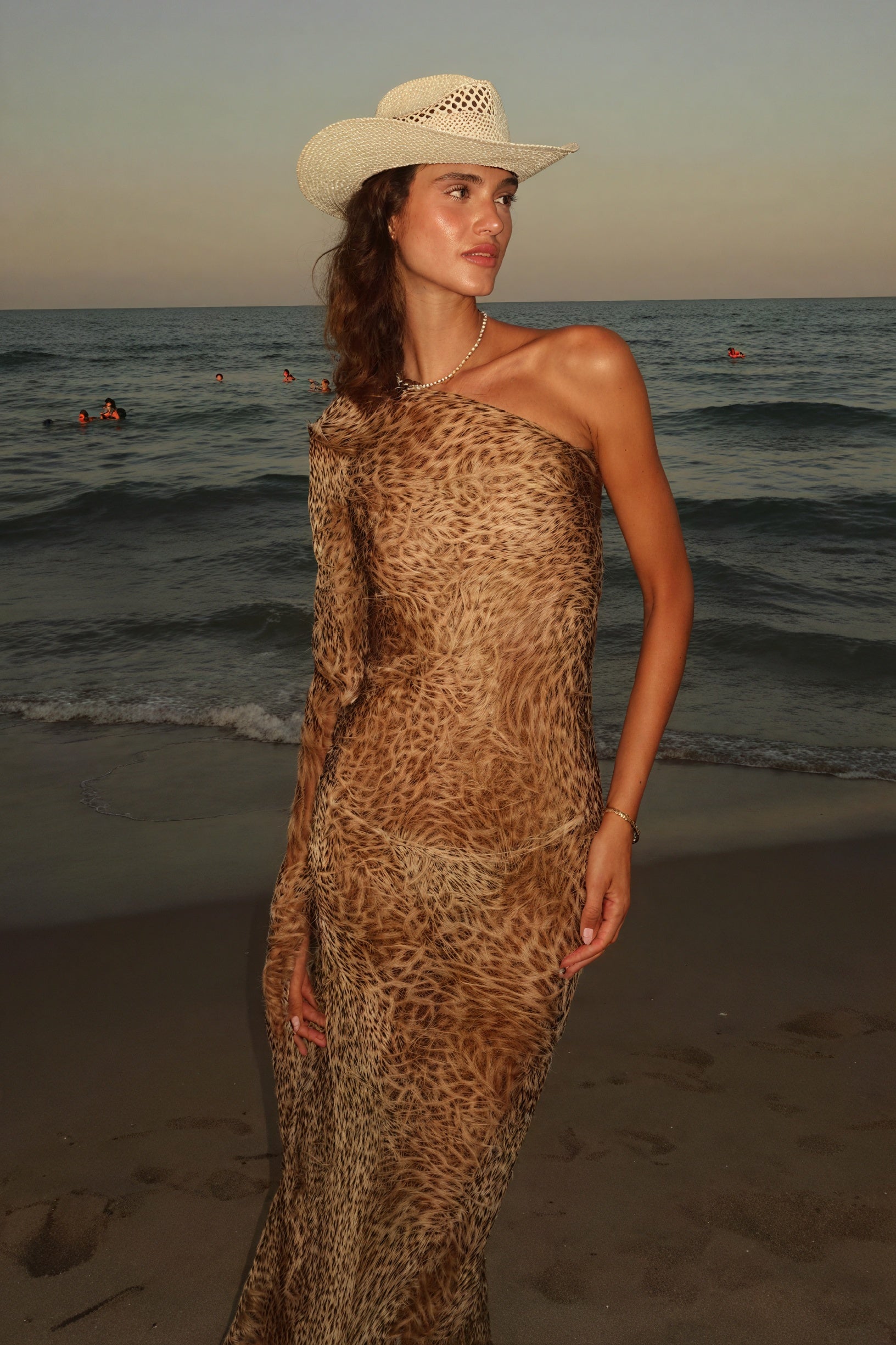 Women's One-Shoulder Maxi Dress – Brown Animal Print Sheer Polyester, Bohemian-81093-b006d565-4b2f-4e9a-a485-d1fa72e3d31e