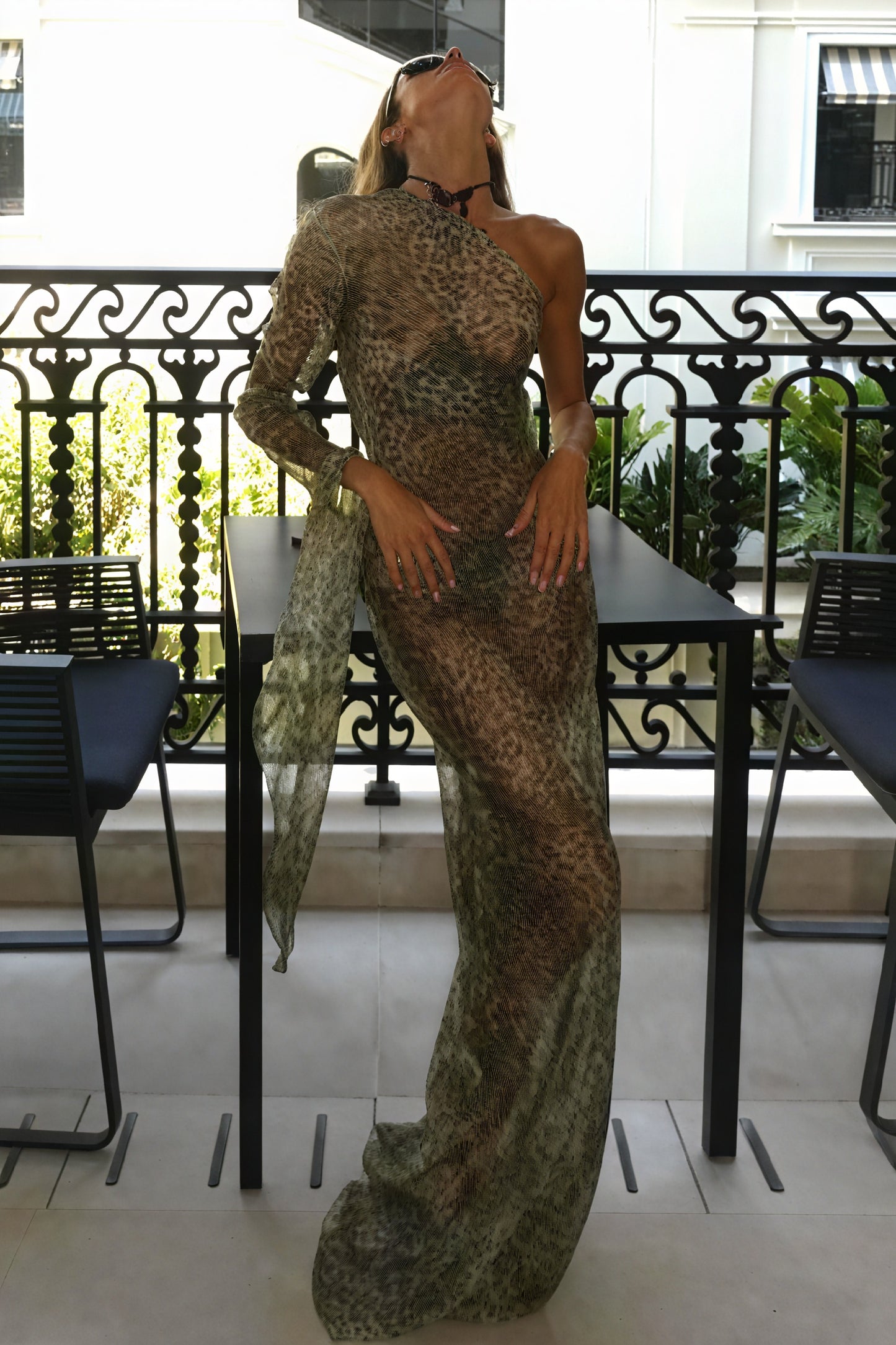 Women's One-Shoulder Maxi Dress – Brown Animal Print Sheer Polyester, Bohemian-81093-5e948034-ac89-4d50-8c8c-e05c187dfd0c