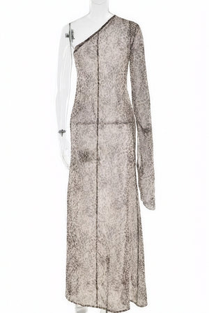 Women's One-Shoulder Maxi Dress – Brown Animal Print Sheer Polyester, Bohemian-81093-22061d1a-775a-4750-a859-09c10e6ccccc