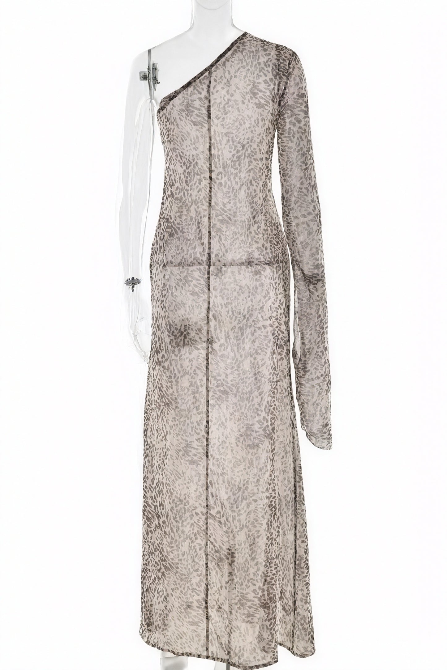 Women's One-Shoulder Maxi Dress – Brown Animal Print Sheer Polyester, Bohemian-81093-22061d1a-775a-4750-a859-09c10e6ccccc