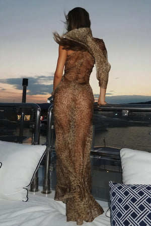 Women's One-Shoulder Maxi Dress – Brown Animal Print Sheer Polyester, Bohemian-81093-dd266767-1084-43f1-bf79-eeb037c6a754