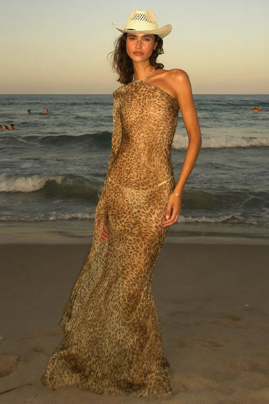 Women's One-Shoulder Maxi Dress – Brown Animal Print Sheer Polyester, Bohemian-81093-8ddeba4b-fca3-46ae-abdb-51f980bf1c28