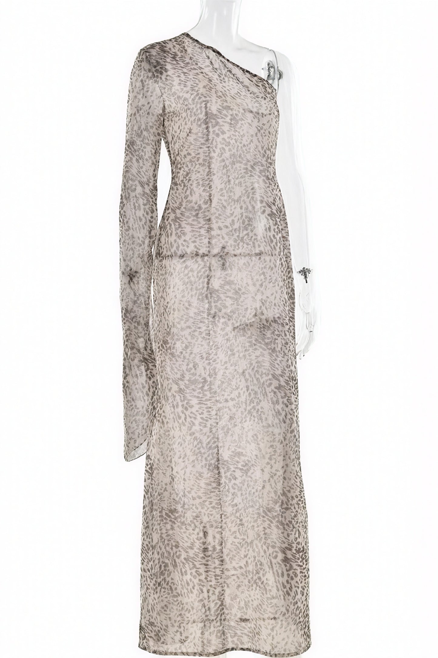 Women's One-Shoulder Maxi Dress – Brown Animal Print Sheer Polyester, Bohemian-81093-5a9dcaa9-19d0-4244-acc1-d3084c172e14