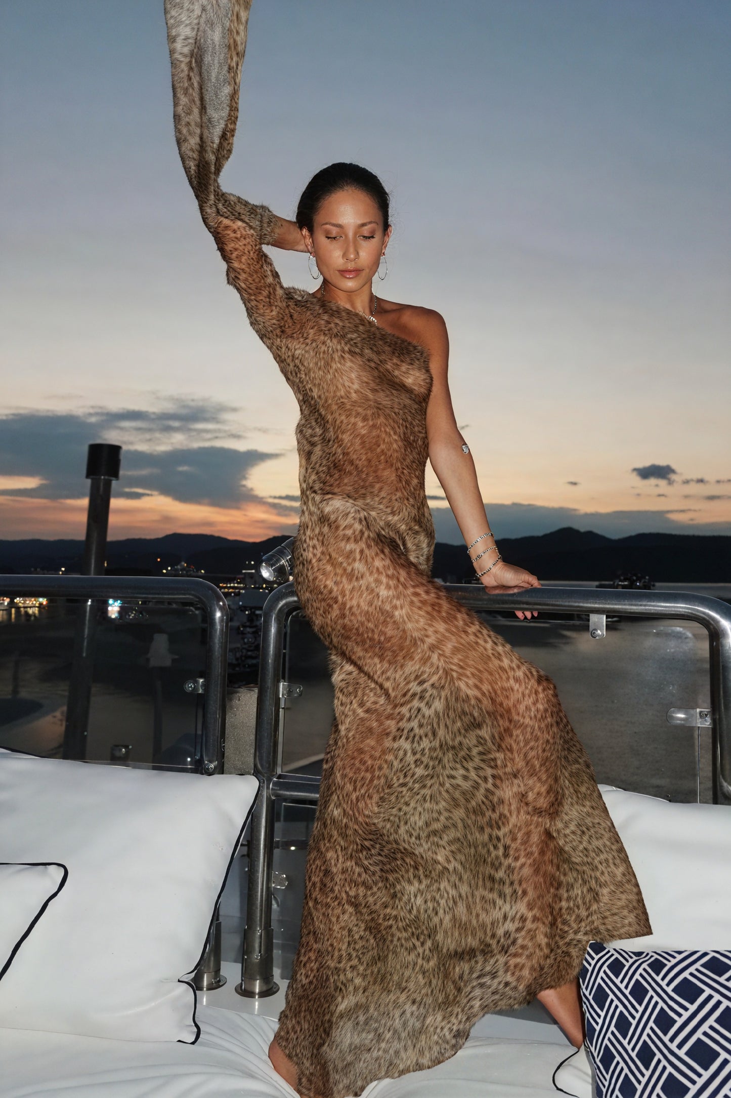 Women's One-Shoulder Maxi Dress – Brown Animal Print Sheer Polyester, Bohemian-81093-b29e48bd-1972-4431-8a1d-1b6890475eec