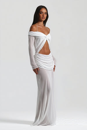 Women's Off-Shoulder Knotted Bust Keyhole Cutout Floor-Length Draped Dress - Elegant Modern Style in White, Light Blue, Brown-81094-1621614e-f271-4b89-8d70-78e1c49a9b36